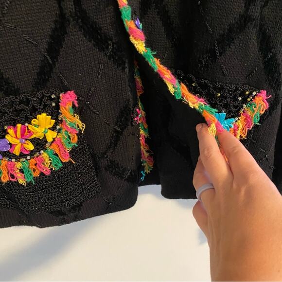 Vintage BEREK 2 Black Beaded Rainbow Floral Cardigan Sweater Small - Picture 8 of 13